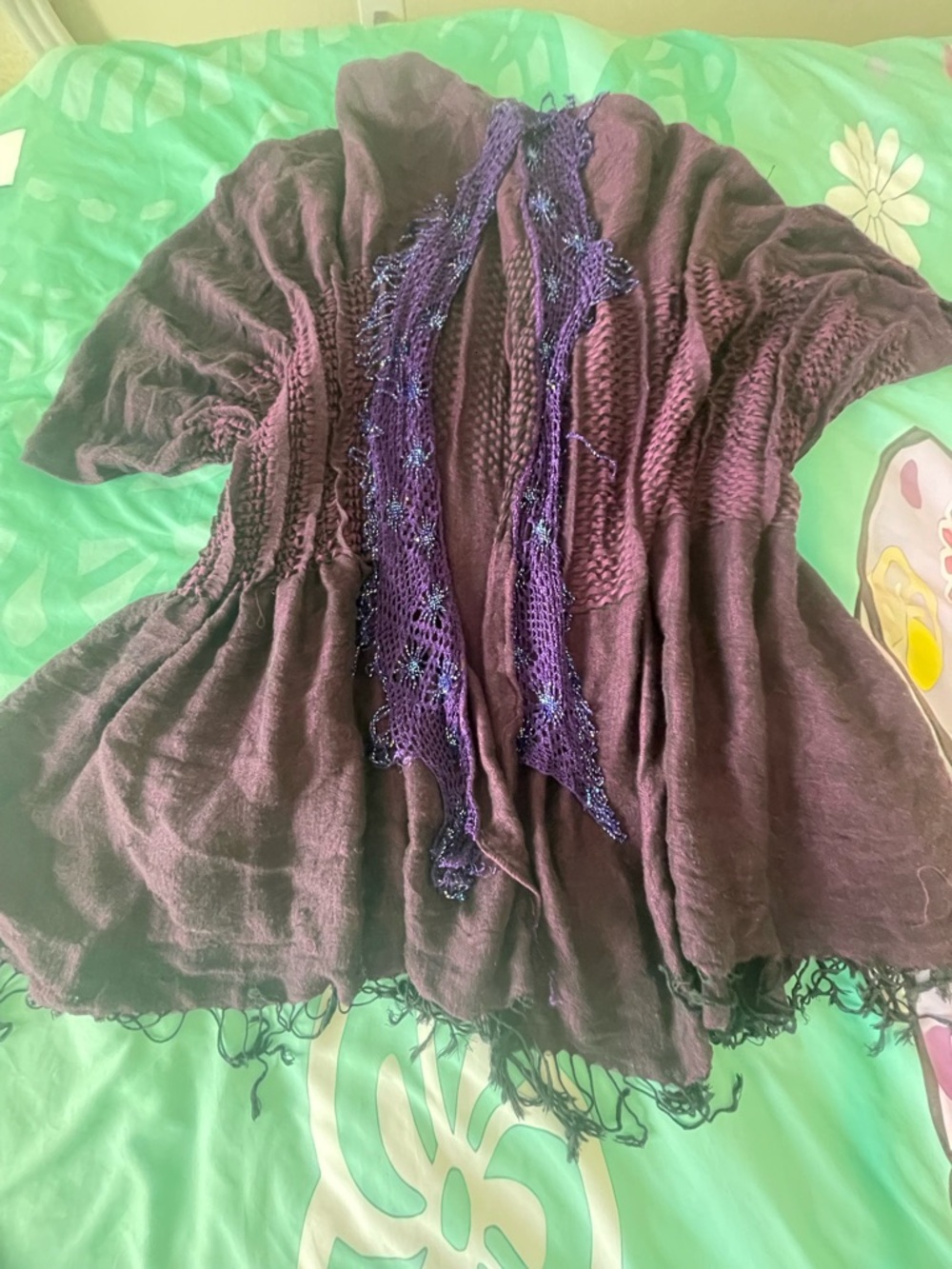 Boho Purple Open-Front Crochet Trim Cardigan